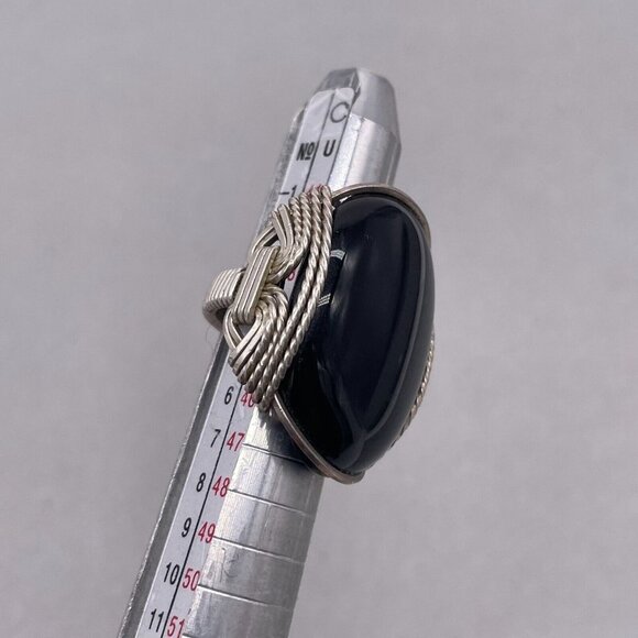 925 Sterling Silver Black Stone Cabochon Wire Wrapped Ring Size 5 - Picture 5 of 8
